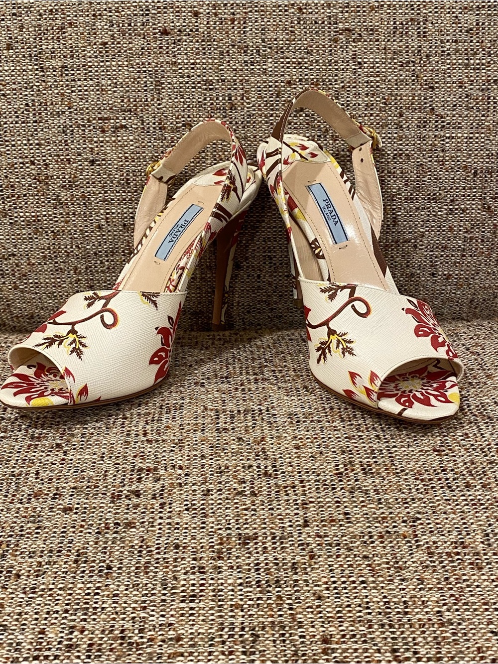 Prada Cream Floral Slingback Heels with Red & Yellow Accents - Picture 1 of 14